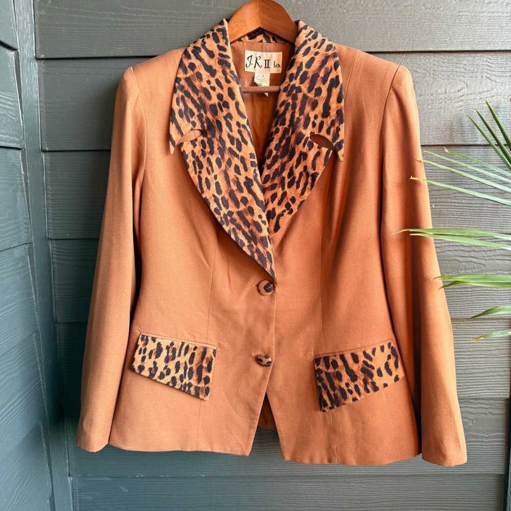 JR II Leopard Trim Blazer Jacket Animal Print Rayon Career Women's Size 12